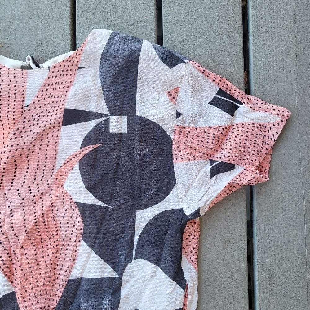 Oliver Bonas Block Print Tunic Dress Short Sleeve Knee Length Pink Black Size 12 - Picture 3 of 7